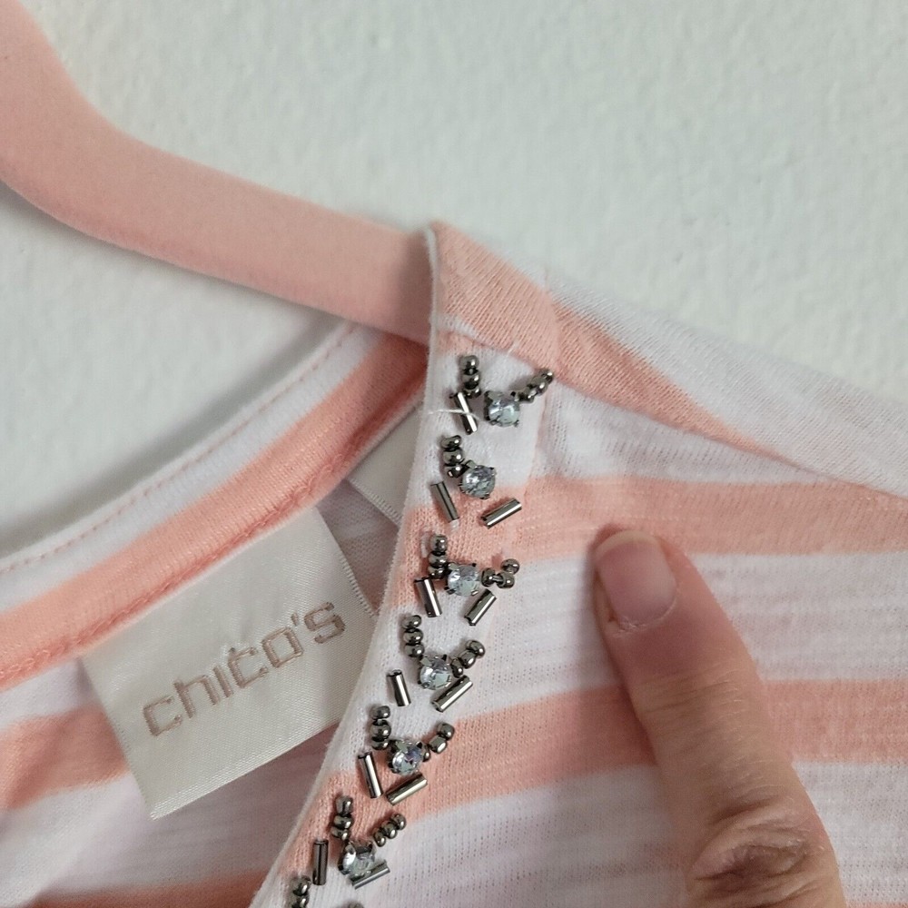 Chicos Womens 3/4 Sleeve Beaded Stripe Nautical Top Sz L Pink Tie Neck Casual - Picture 9 of 13